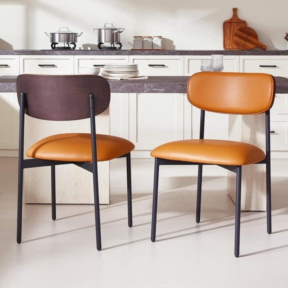 Set of 2 Brown Faux Leather Armless Dining Chairs with Wood Grain Back, Curved Backrest, and Black Metal Legs
