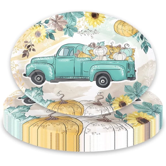 25 Count Thanksgiving Oval Paper Plates, 12 Inch Disposable Dinner Plates, Autumn Fall Harvest Party Tableware with Truck Pattern for Thanksgiving Dinner, Family Gatherings and Holiday Parties