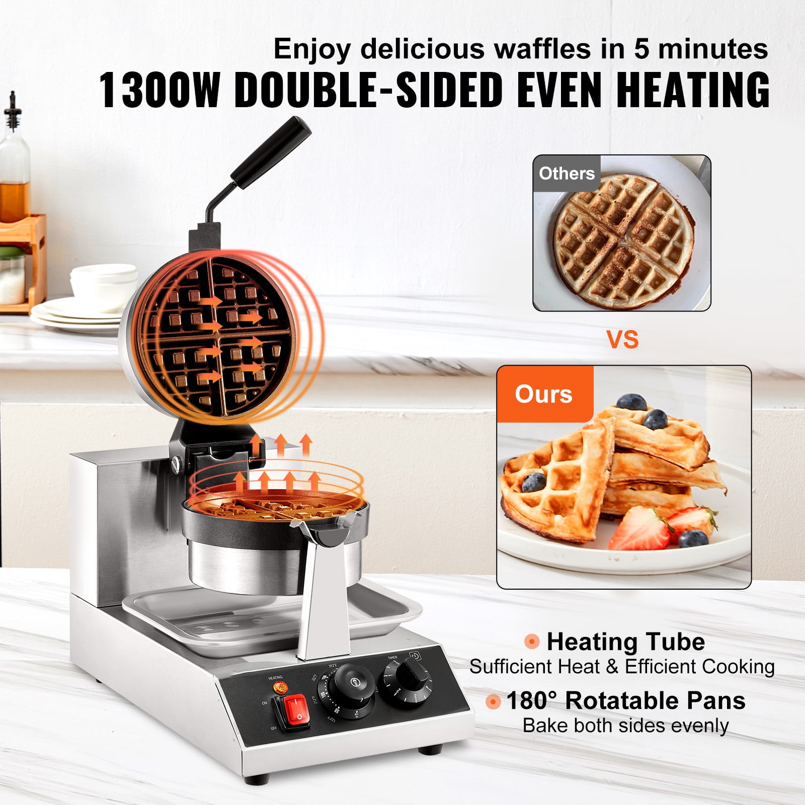 VEVOR Commerical Round Waffle Maker 1300W Rotatable Non-Stick Waffle Iron 120V