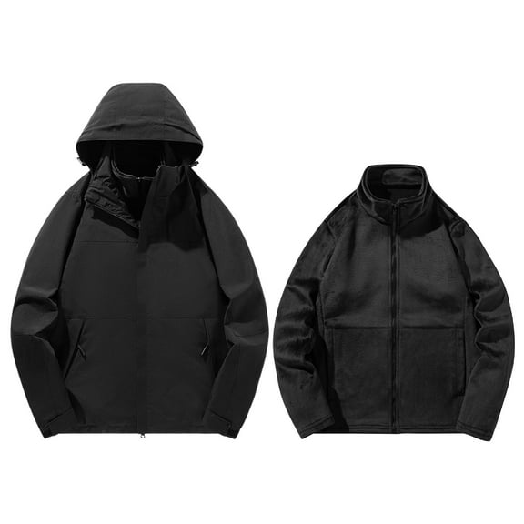 Men's Jacket Waterproof Coat Hooded Outdoor Solid Windproof Removable Inner Liner Pocket Zipper Jacket