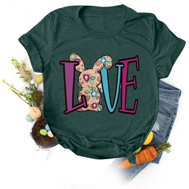 EGNMCR Easter T-shirt à Imprimé T-Shirts Graphiques pour Femmes T-Shirts pour Femmes T-shirt Décontracté Ample à Col Rond à Manches Courtes Blouse à Imprimé de Lettres T-shirt T-Shirts pour Femmes