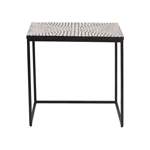 Rectangular Bone Inlay End Table – Black & White Optical Pattern with Minimal Metal Frame – Modern Accent Table