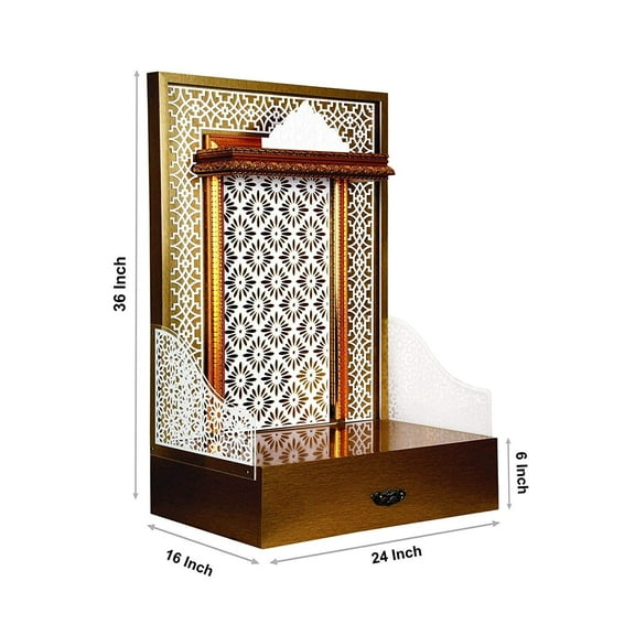 Handmade Brown Wooden Temple Pooja Mandap with LED Lights for Home and Office|Puja Mandir |Wall Hanging & Table Top|White Mandir /Pooja Ghar