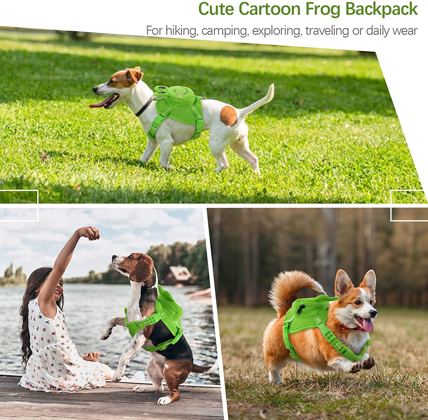Dog Harness with Backpack No Pull Pet Harness Vest, Mesh Frog Saddle Bag Adjustable Mesh Dog Carrier Backpacks for Hiking Training and Daily Walking