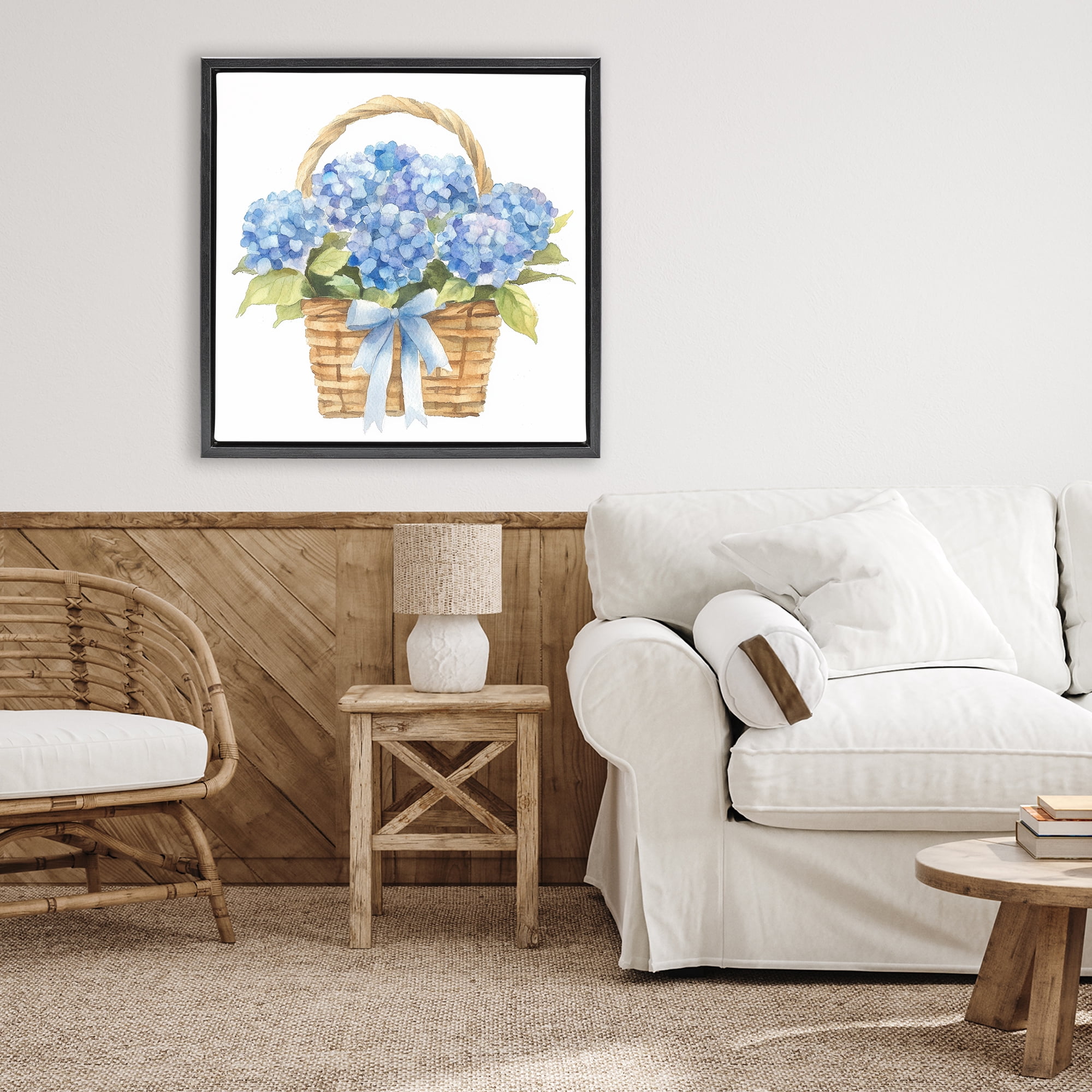 Stupell Industries Pretty Blue Hydrangea Picnic Basket Black Framed Floater Canvas Wall Art, design by Petal Prints Design