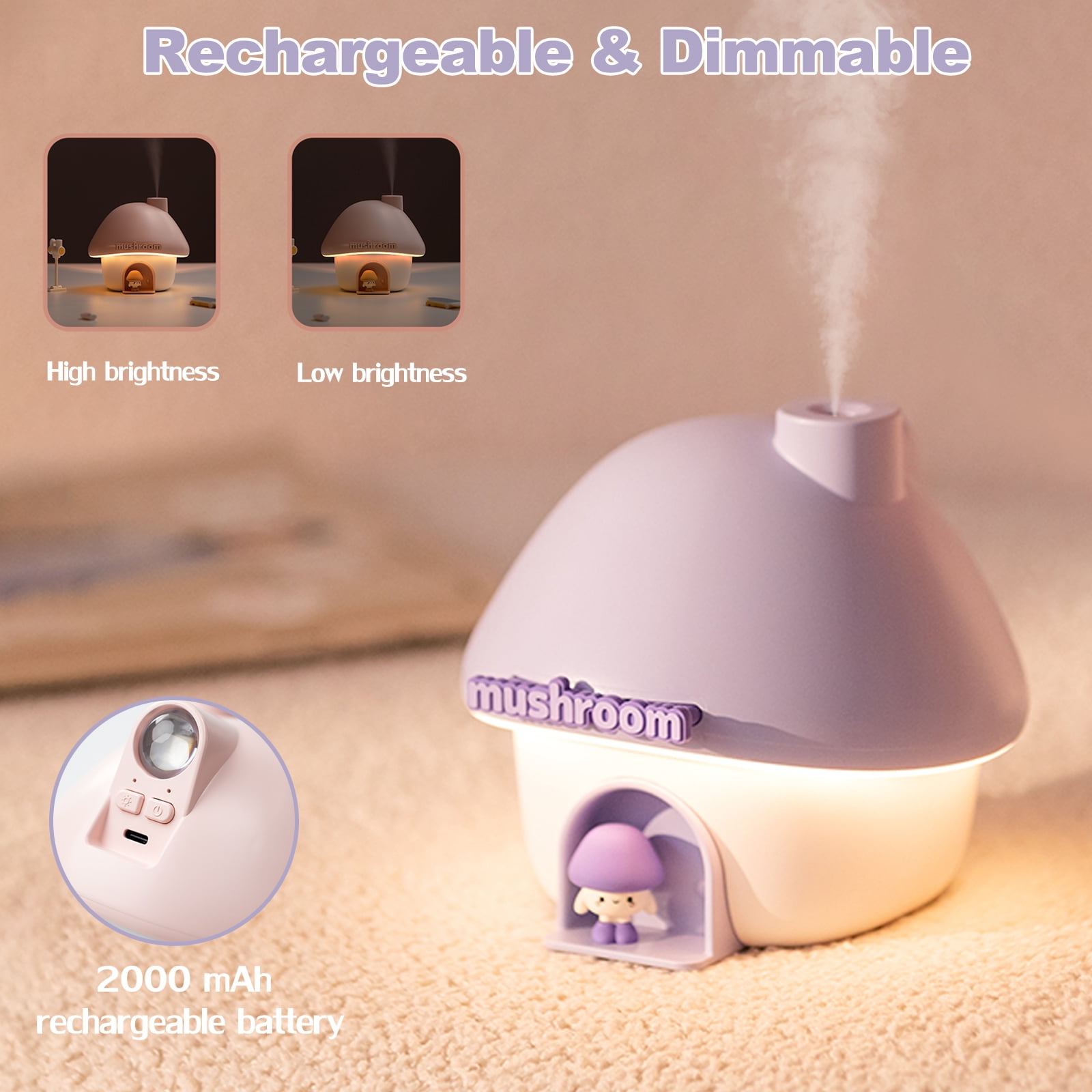 Humidifier for Bedroom, 300ML Cute Mushroom Humidifier with Night Light & 7 Colors Sunset Lamp Projection, Rechargeable Cool Mist Small Humidifier, Mini Humidifier Gifts for Kids Boys Girls