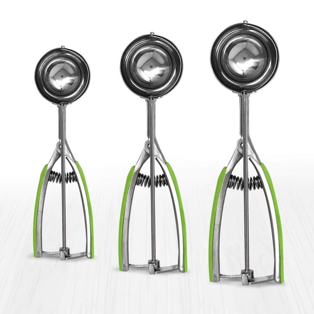 Millvado 3 Pack Stainless Steel Ice Cream and Cookie Scoops | With Green Rubber Grips - Spring Loaded Lever Design - For Sorbet, Melon, Meatballs, Muffins, and More - Includes 1 Oz, 2 Oz, 3 Oz Scoop