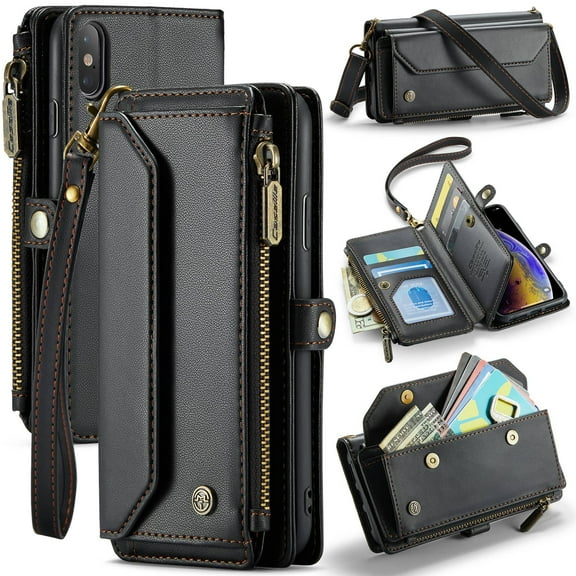 Crossbody for iPhone X XS Case Wallet【RFID Blocking】with 7-Card Holder Zipper Bills Slot, Soft PU Leather Magnetic Shoulder Wrist Strap for iPhone X XS Wallet Case Women