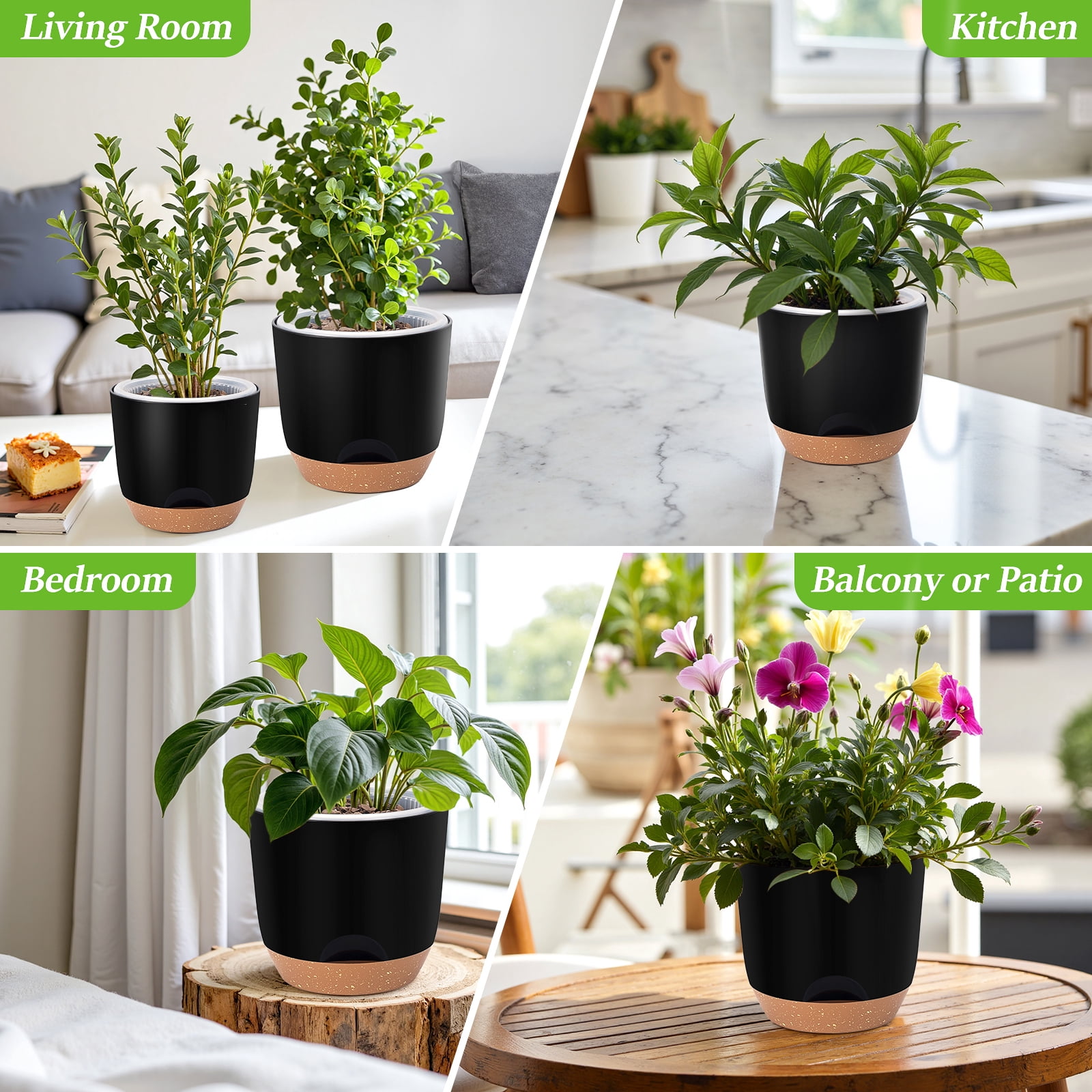 QCQHDU 5.8 Inch Self Watering Planters for Indoor Plants with Bottom Watering,2Pack Flower Plant Pots for Outdoor with Drainage, Durable Plastic planters Pots(Black)