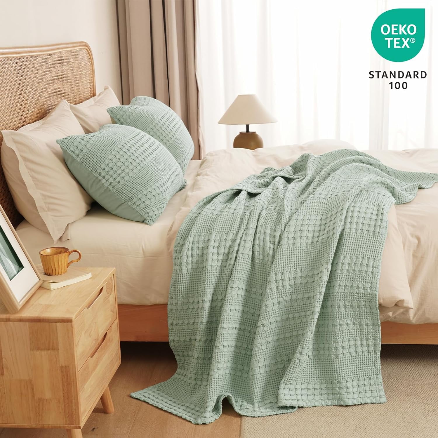PHF 100% Cotton Waffle Weave Blanket, Lightweight Throw Washed Blanket for Bed Sofa Home Decor, Sage Green, 50"x60"