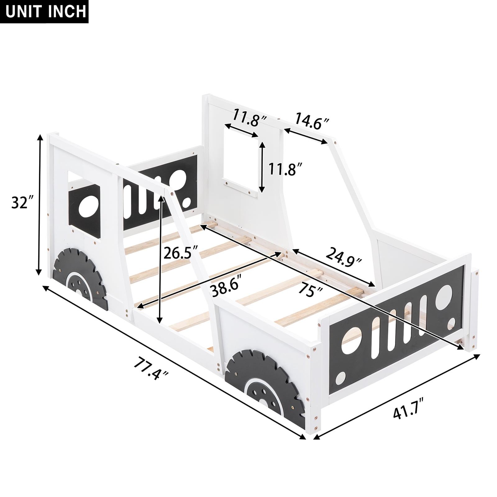 YANSHE Twin Size Bed Frame Car-Shaped, Floor Bed Frame With Wheels And Doors, Wooden Construction, Car Bed Frame, Slats Supports, No Box Spring Needed