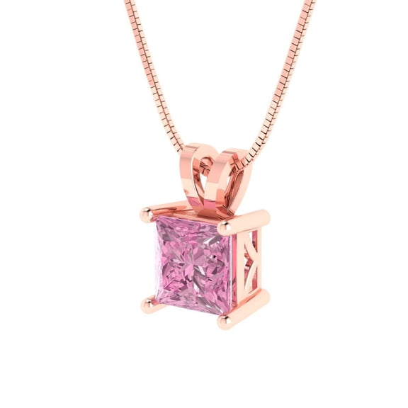 1.0 ct Brilliant Princess Cut Solitaire Pink Diamond 14k Rose Solid Gold Everyday Affordable Designer Necklace Pendant with 18" Chain