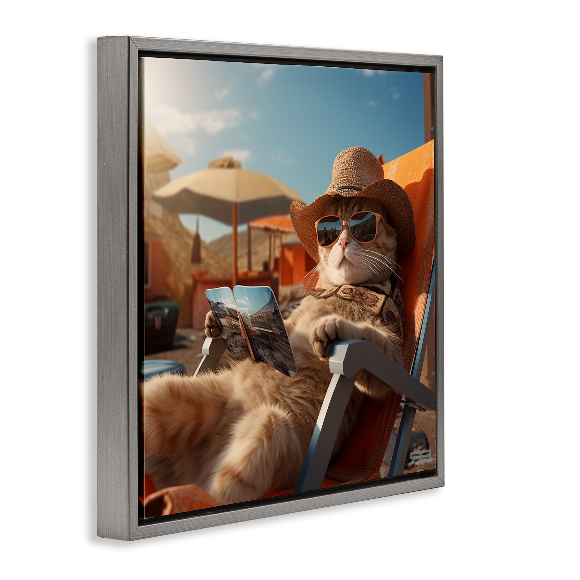 Stupell Industries Relaxing Cat Lounge Chair Animals Painting Gray Floater Framed Canvas Art Print Wall Art, 25 x 25