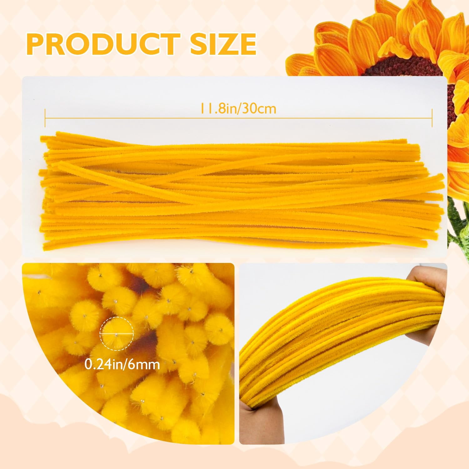 MQUPIN 450 Pcs Pipe Cleaners,12Inch 6 Colors Pipe Cleaners for Crafts DIY Flowers Kits Tulip Lily Rose Sunflower Thick Fluffy Pipe Cleaners Craft Supplies Adult Handmade Art Craft Decoration (Yellow)