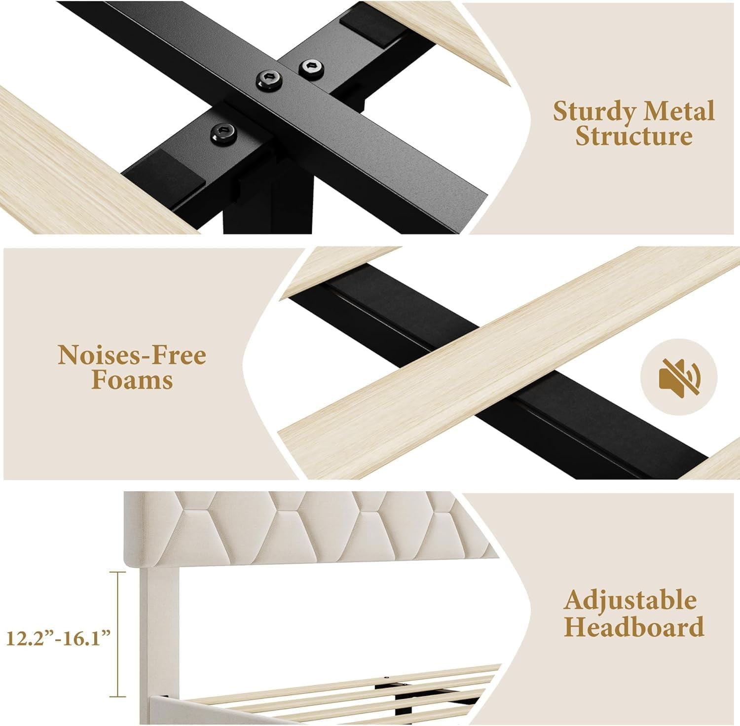 Ivory White King Bed Frame, Upholstered Headboard, Heavy-Duty Wood Slat Platform, No Box Spring, Easy Assembly