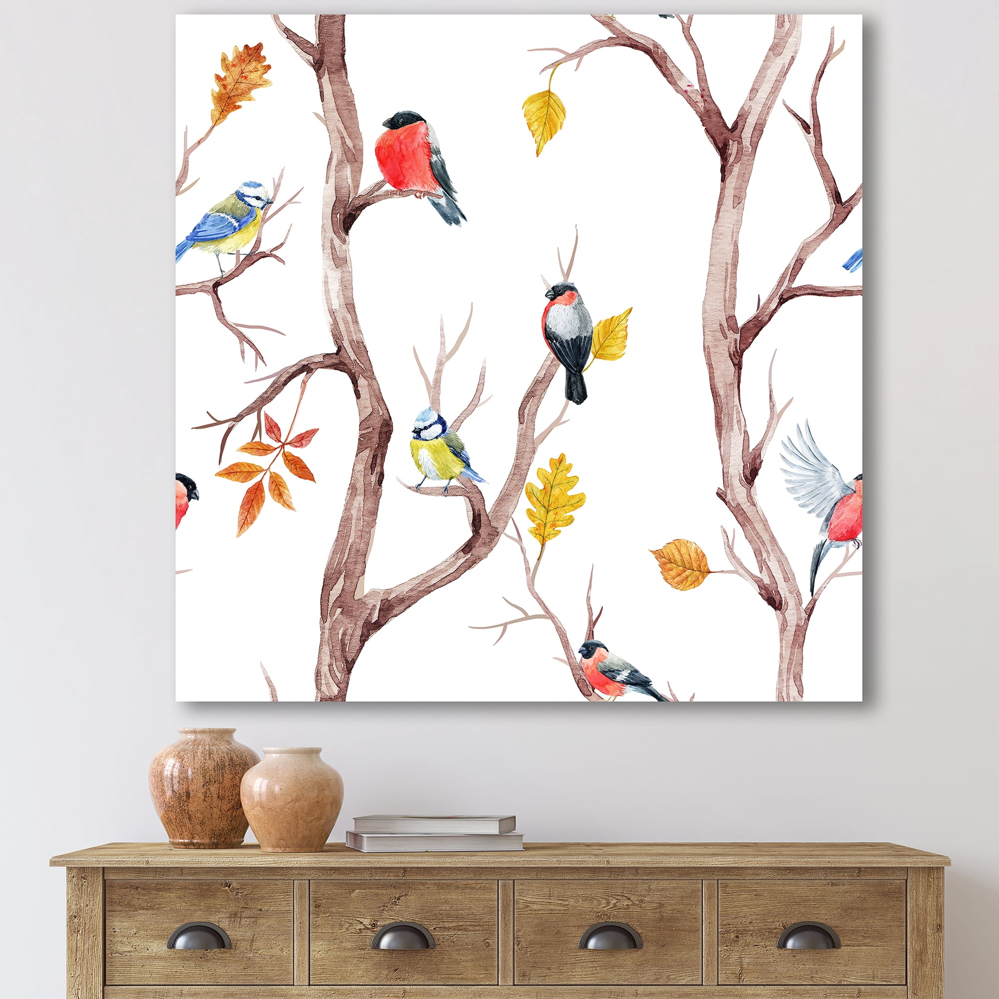 Designart ' Little Birds and Fall Trees ' Traditional Canvas Wall Art Print