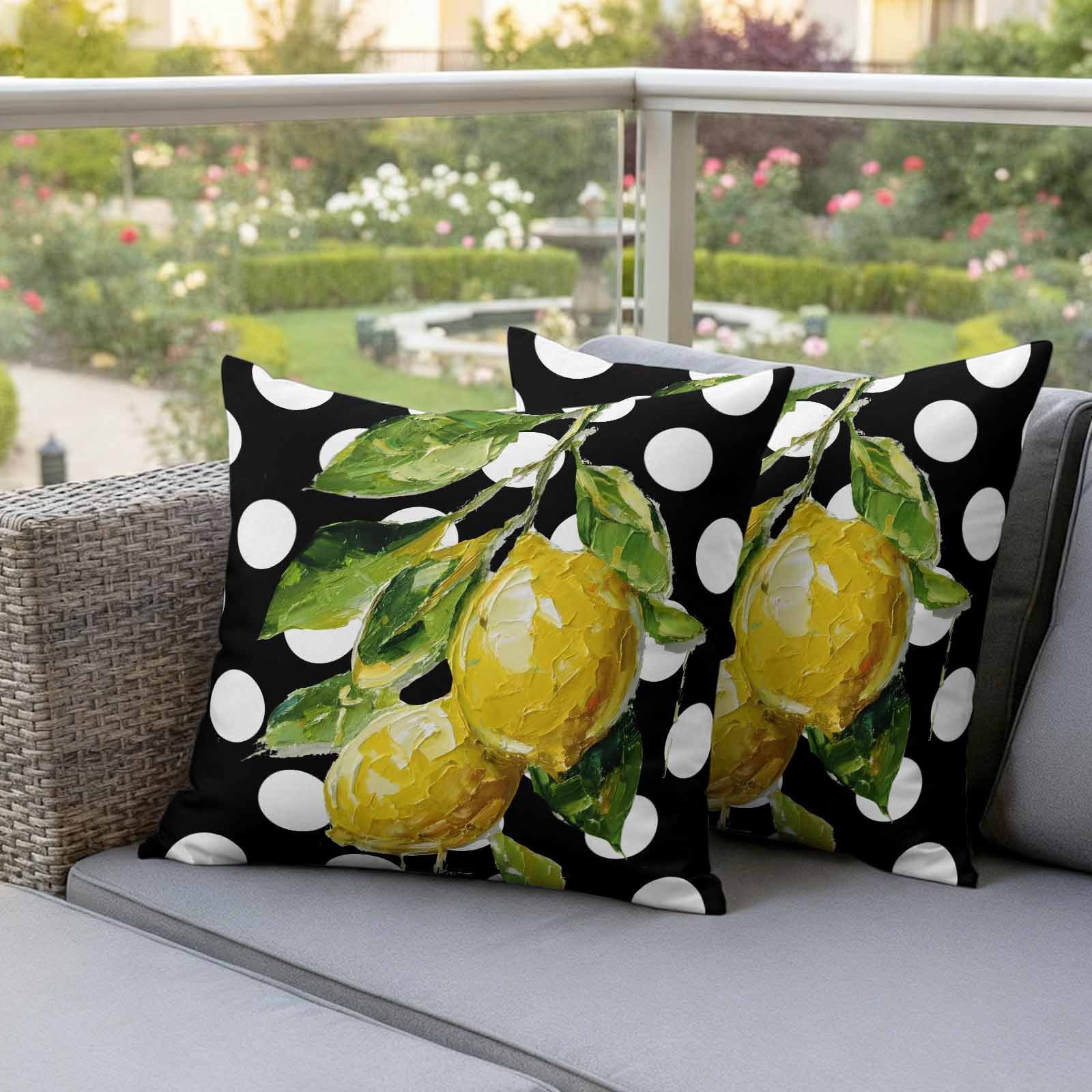 Outdoor Pillow Covers Farmhouse Yellow Lemon Green Leaf Waterproof Pillow Cases 16x16 Set of 2, Black White Polka Dot Throw Pillow Cover Pillowcase for Patio Balcony Couch Garden