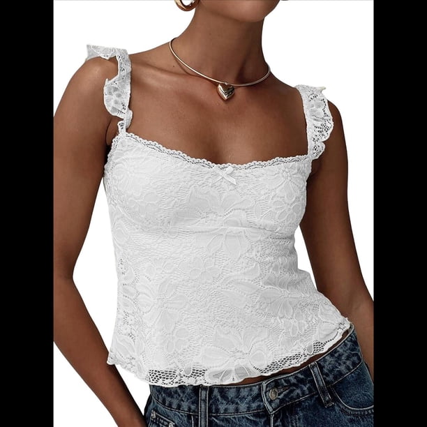 Camiseta de Tirantes Tipo Babydoll de Encaje para Mujer, con Mangas Transparentes, Estilo Y2k, para Salir de Verano. M