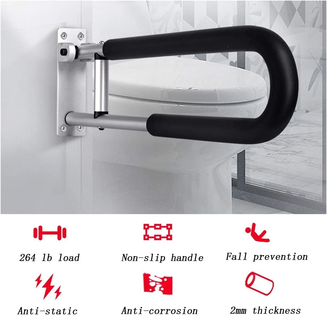 HECASA Folding Handicap 23.6" Tub Grab Bars Rails Support Toilet Flip up Grab Bar for Elderly Disabled Pregnant Woman Bathroom Shower Safety Hand Bathtub Handicapped Handrail