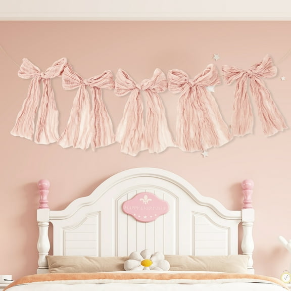 5PCS Pink Bow Garland Banner Decorative Pink Bow Garland for Coquette Birthday Bridal Shower Wedding Engagement Bachelorette Party Supplies