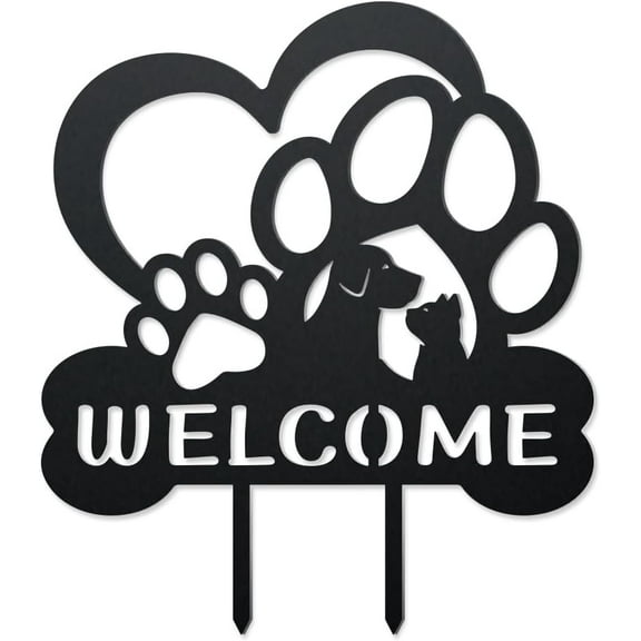 Cat Dog Paw Metal Garden Stakes Decor Iron Welcome Outdoor Silhouette Stake for Yard Garden Lawn Patio Decor Metal Outdoor Stakes Decor Gift for Housewarming Home Art Decor Black