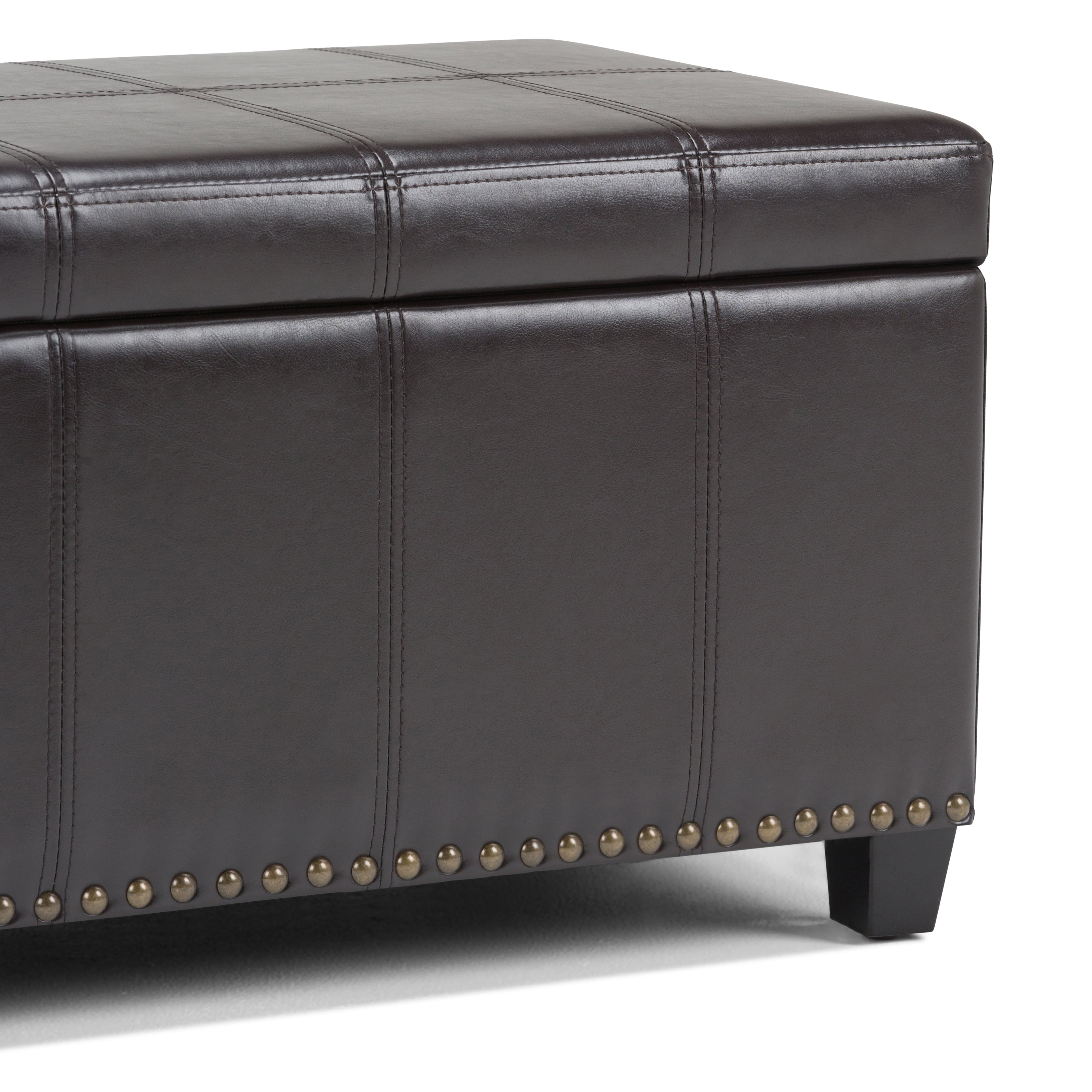 Simpli Home Amelia 33 inch Wide Transitional Storage Ottoman Bench in Tanners Brown Vegan Leather