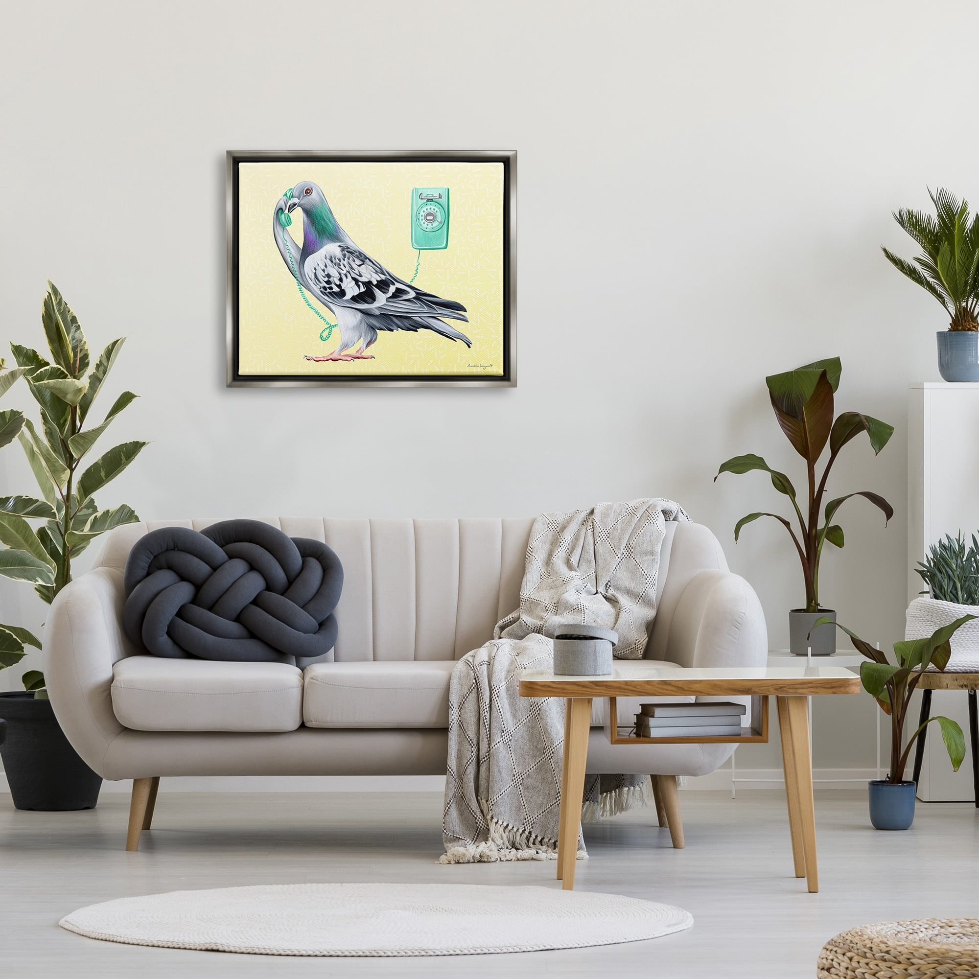 Stupell Industries Pastel Pigeon Vintage Phone Call Yellow Background Graphic Art Luster Gray Floating Framed Canvas Print Wall Art, Design by Amelie Legault