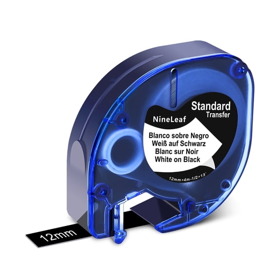 NineLeaf 1PK Compatible for DYMO LetraTag Refills 913318 12mm 1/2" White on Black Plastic Label Maker Tape