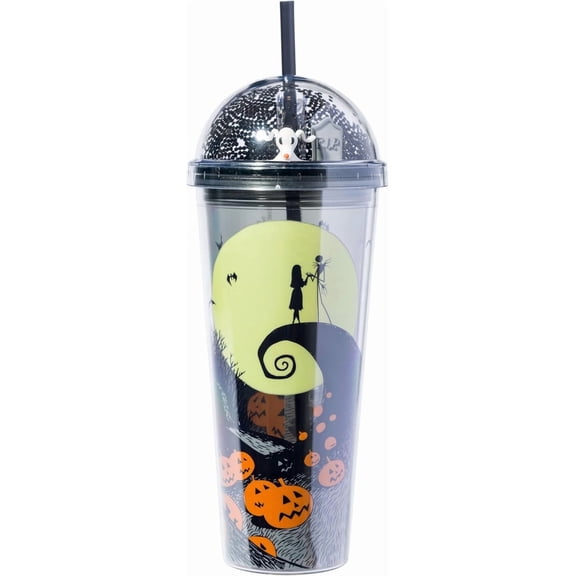 Silver Buffalo Disney Tim Burton Nightmare before Christmas Moon Scene Featuring Jack Skellington, Sally, and Zero Dome Glitter Top Travel Tumbler, 24 Ounces