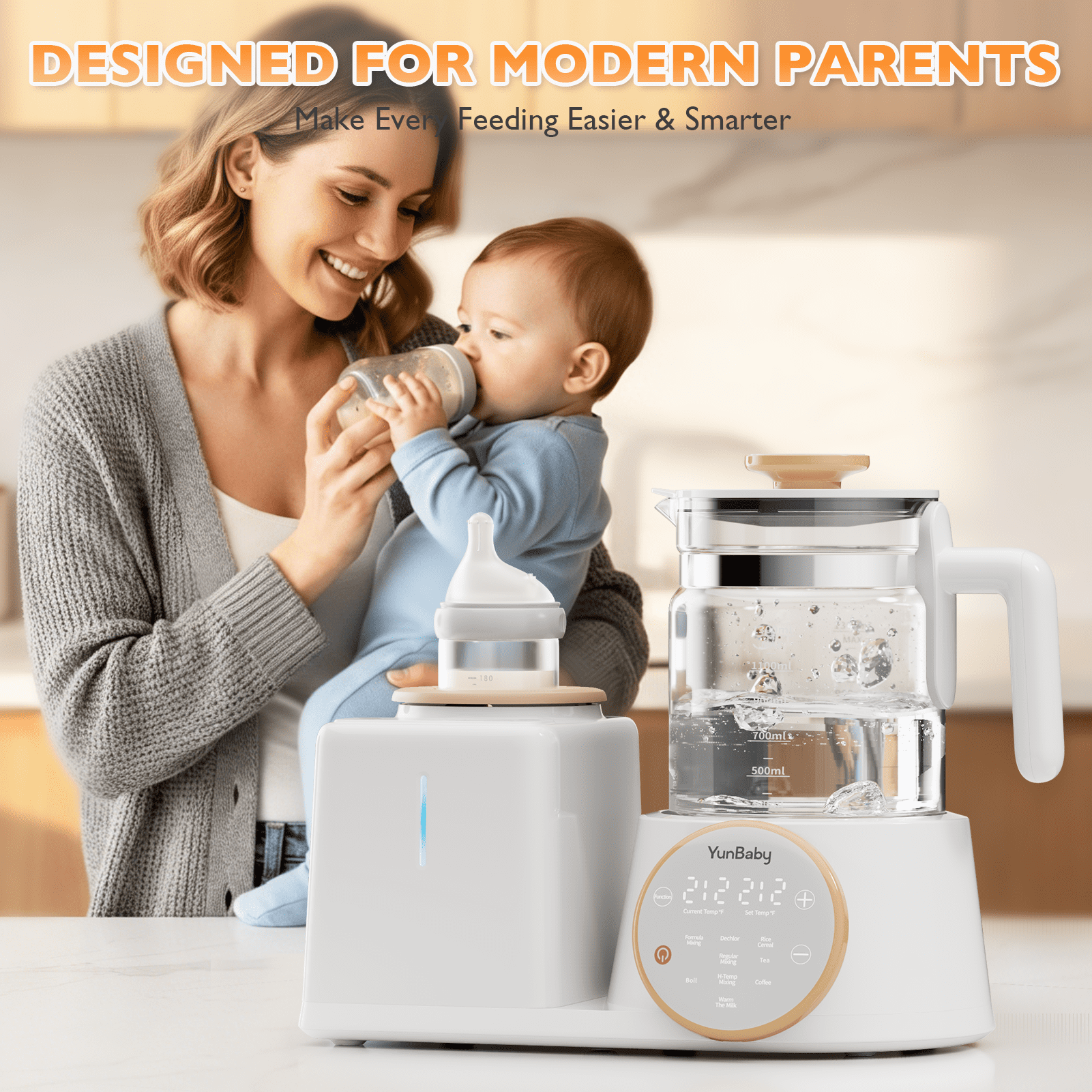 YunBaby 2-in-1 Baby Bottle Warmer & Formula Maker with Electric Kettle, Automatic Rotating Bottle Shaker, Fast Heating Water Warmer with Temperature Control for Formula, Breastmilk & Night Feeding