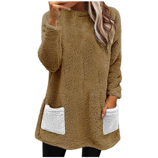 Timegard Hauts pour Femmes Chandail à Col Rond Doublé en Molleton Hauts Mi-Longs d'Hiver Chauds Chemises Épaisses Blouse Confortable