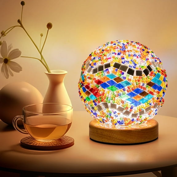 Turkish Table lamp,Mosaic Glass Lamps with Wooden Base, Bohemian Tiffany Bedside Lamps, USB Power Moroccan Lantern for Living Room Decorations(D:4.7" x H:5.2")