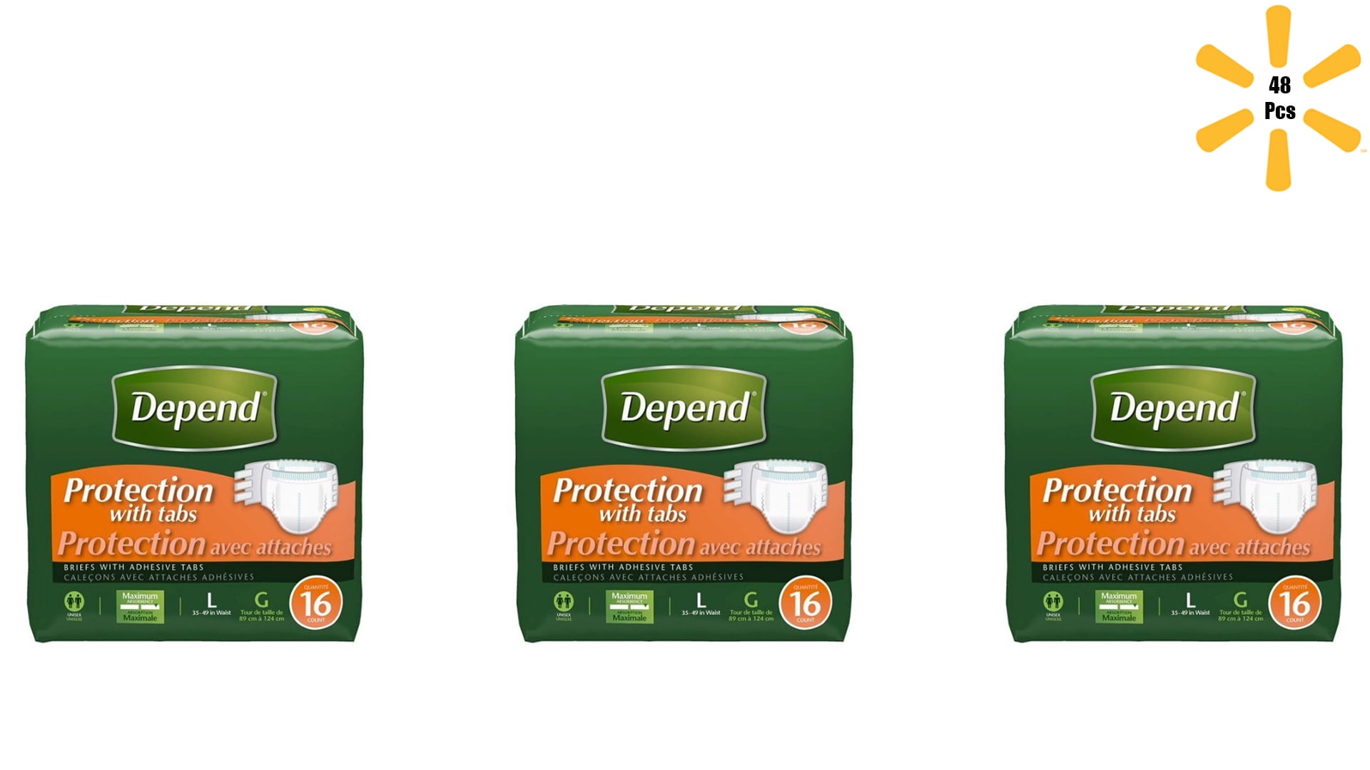 Depend Maximum Protection Incontinent Brief, Large, White, Case of 48