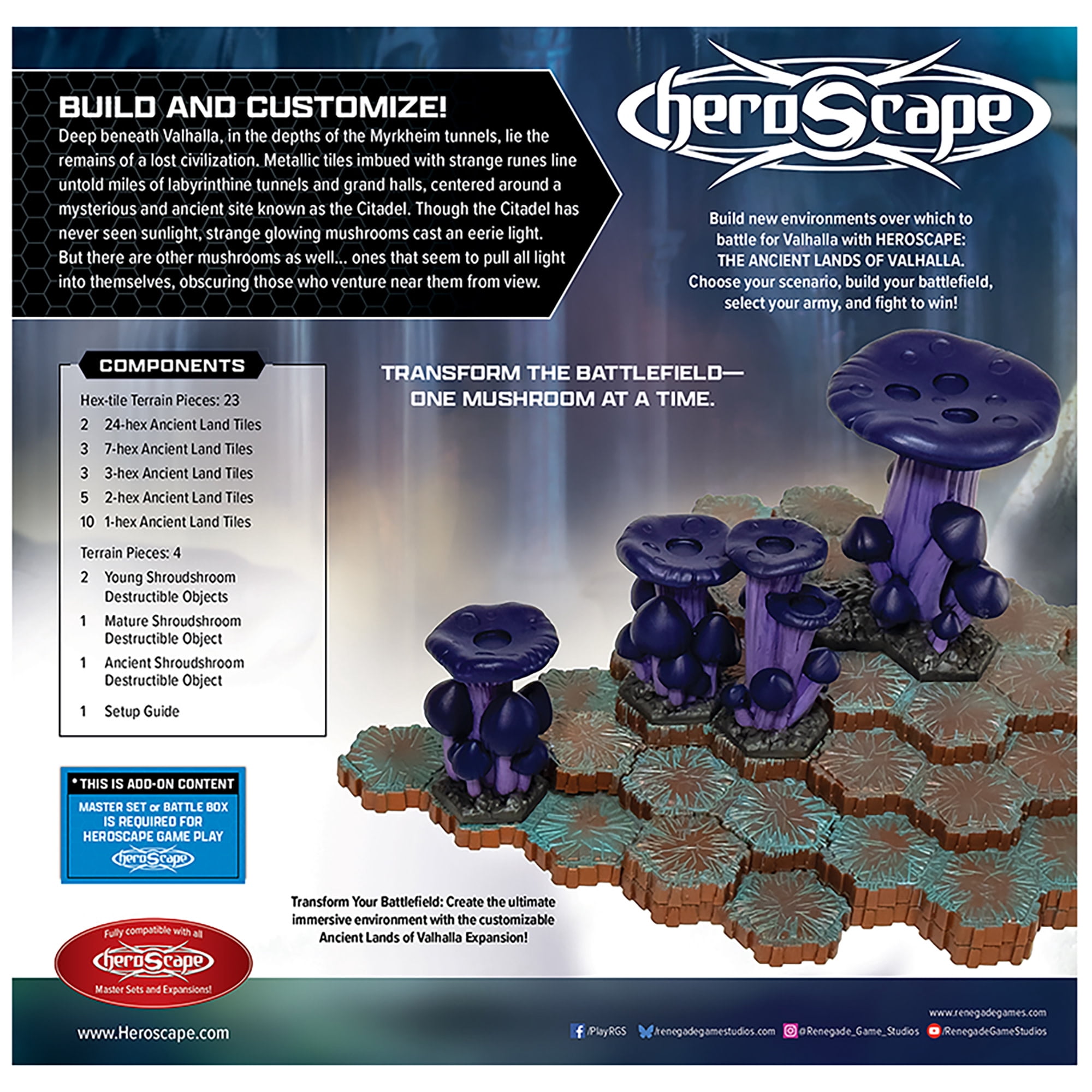 Renegade Games: Heroscape: The Ancient Lands of Valhalla Terrain Expansion - Glowing Hex-Based Miniature Game Accessory Set, Mushrooms & Land Tiles