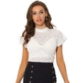 thumbnail image 1 of Blusa Semitransparente Allegra K Con cuello Alto Y Manga Corta Encaje para Mujer blanco L, 1 of 6