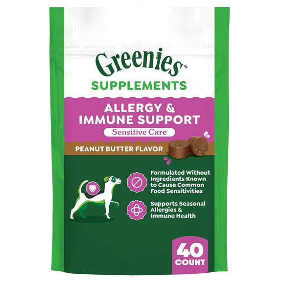Greenies Allergy & Immune Support Sensitive Care Supplement for Dogs, Peanut Butter Flavor, 40 Count Pouch