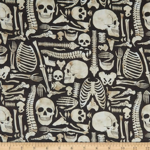 Springs Creative Halloween Boney Yard Black, 100% Cotton Fabric by The Yard