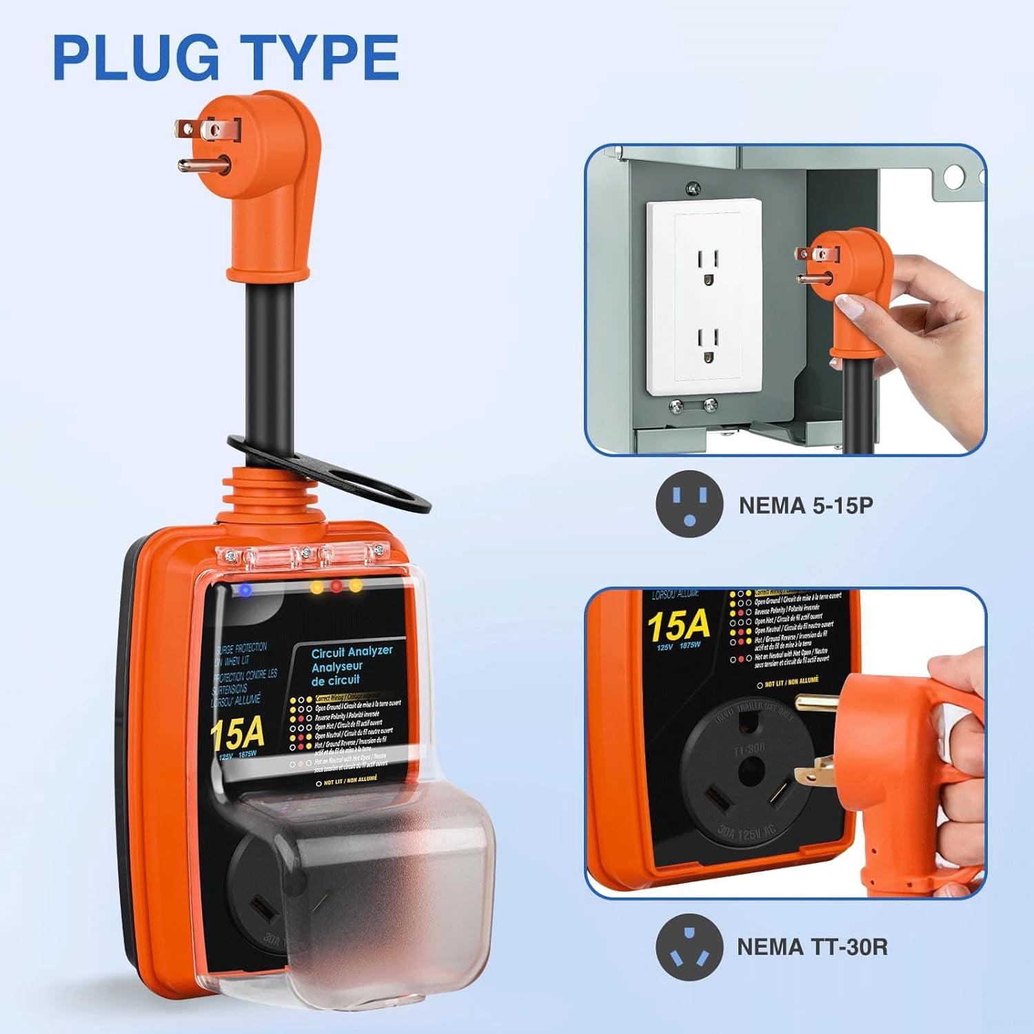 Nilight 15 to 30 Amp RV Surge Protector Power Adapter 2100 Joules Voltage Monitor 5-15P to TT-30R Converter 125V/1875W Waterproof Circuit Analyzer with Extension Cord for Camper Travel Trailer
