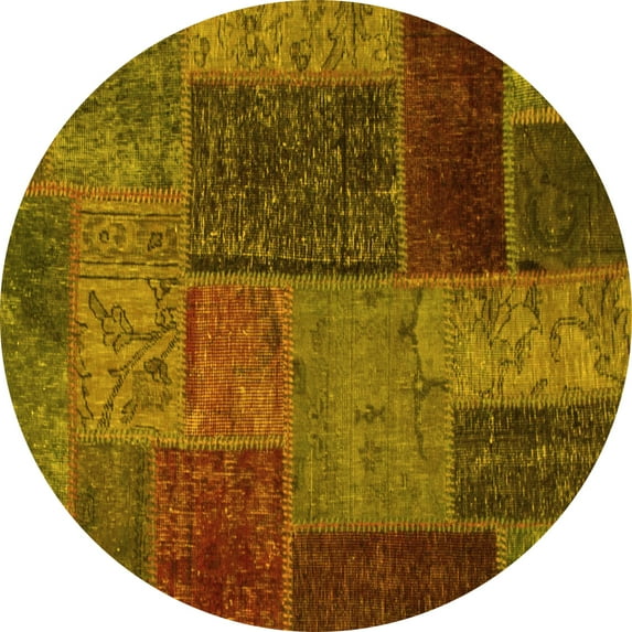 Ahgly Company Machine Washable Indoor Round Patchwork Yellow Transitional Area Rugs, 7' Round