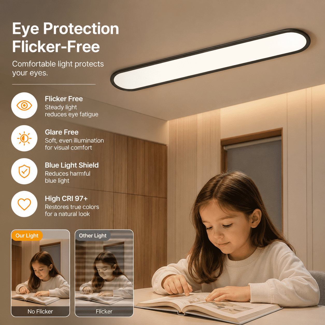 Garwarm 47.24" Linear LED Ceiling Light, 51W Dimmable Black Flat Panel Flush Mount Ceiling Lamp, Low Profile Lighting Fixture for Kitchen, Office, Hallway