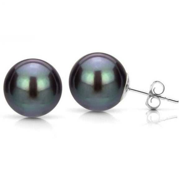 Bonjour Jewelers 10K White Gold Plated 10 mm Black Pearl Round Stud Earrings