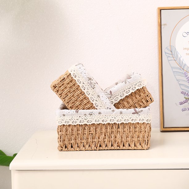Cesta tejida de ratán para guardar cosméticos de escritorio Cesta tejida de ratán tejida con tela pastoral Cesta de almacenamiento