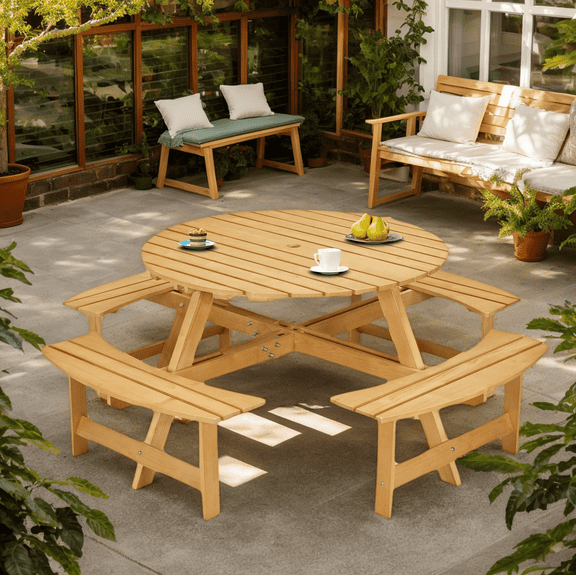 Eyisean 8 Person Circular Outdoor Wooden Picnic Table, Round Picnic Table with Umbrella Hole, 4 Built-in Benches, Outside Table and Bench Set for Patio, Backyard, Garden, 500lbs Capacity Per Bench