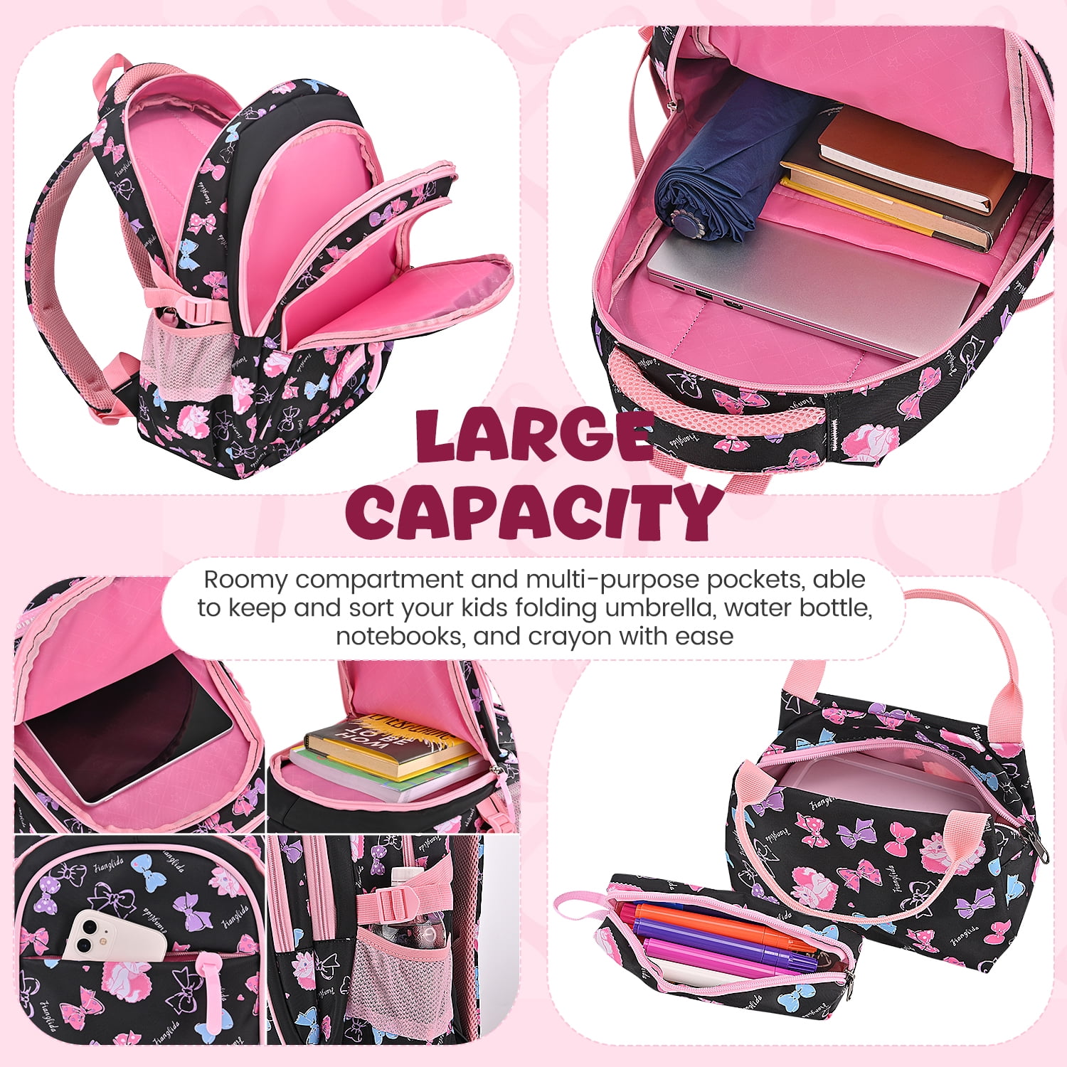 Kids School Backpack Set for Girls, 3 in 1 School Bag with Lunch Bag & Pencil Case for Primary Middle Students - Black