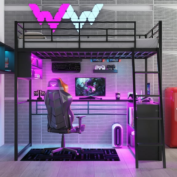 Miekor Furniture Full Size Metal Loft Bed with LED, Desk and 4 Storage Shelves, Black 3AAB