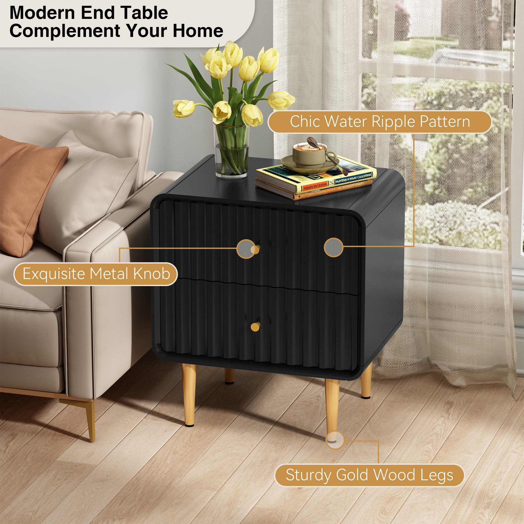 HLR Modern Fluted Wood Nightstand Set of 2 with 2 Drawers, Bedroom Black Bed SideTable with Storage