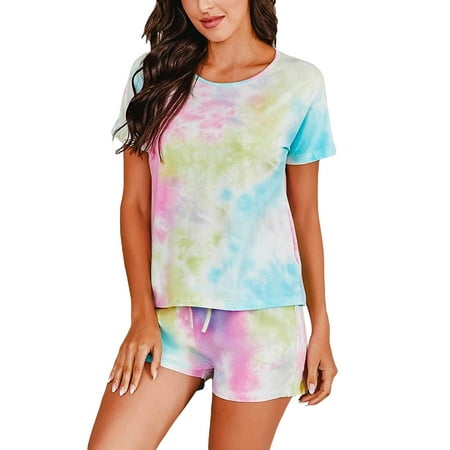 

Pudcoco Women Set Summer Short Sleeve Round Collar Dyeing Printing Pajamas