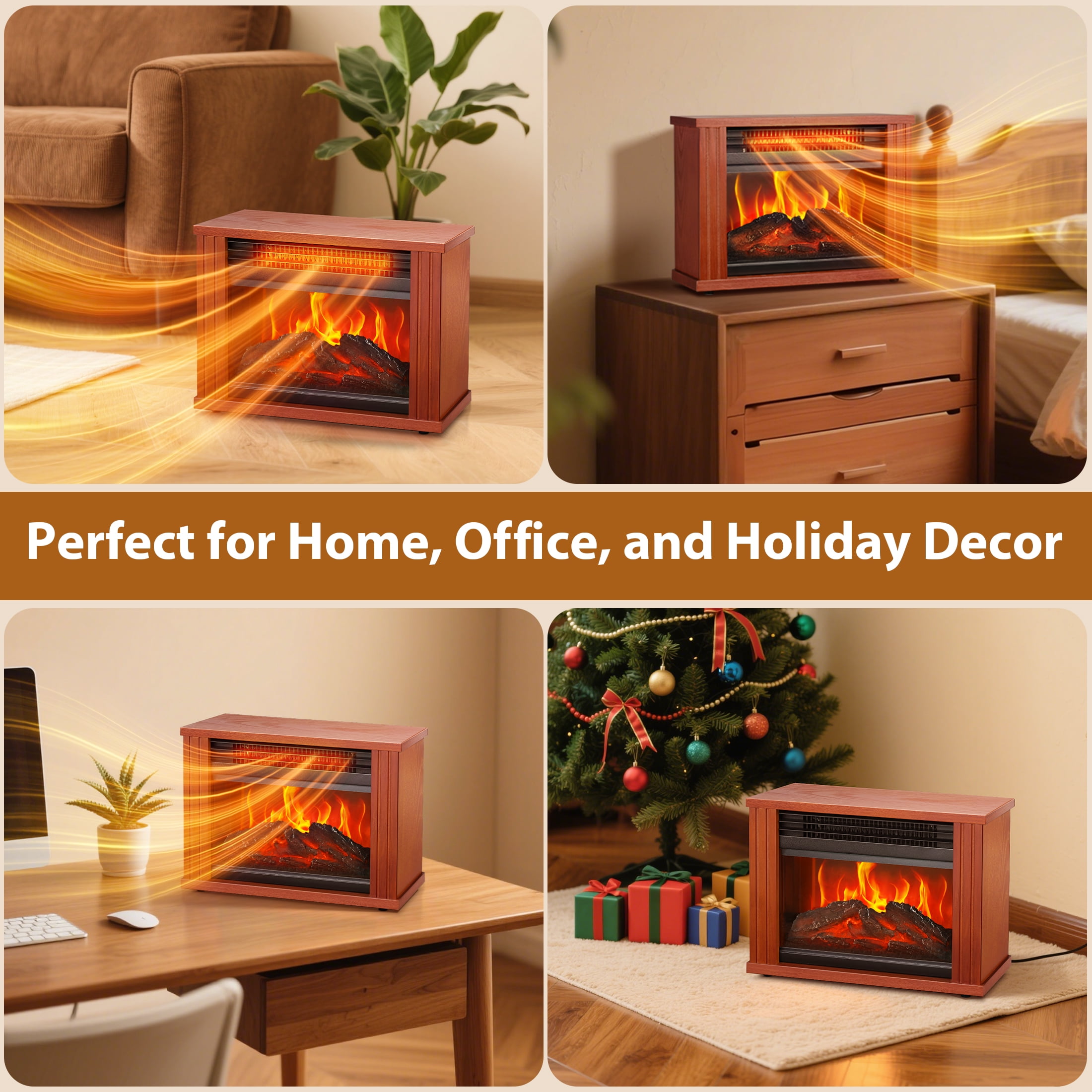 LifePlus Small Electric Fireplace Heater Tabletop 13.5" Energy Efficient Indoor Fireplace Space Heater Portable Wood Cabinet 3D Flame for Home Decor