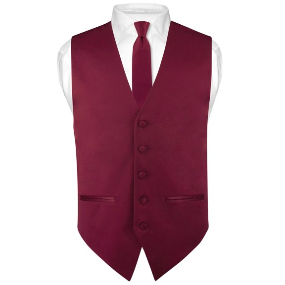 Mens SLIM FIT Dress Vest Skinny NeckTie Burgundy 2.5" Neck Tie Hanky Set sz L