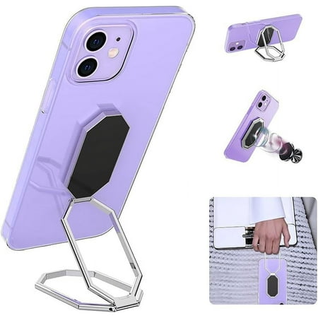 Cell Phone Ring Holder 360° Rotation Foldable Finger Kickstand, Metal Back Ring Grip Stand Compatible for Magnetic Car Mount & All Smart Phones Tablets (Attachment Ring for Phone Case) (Silver)